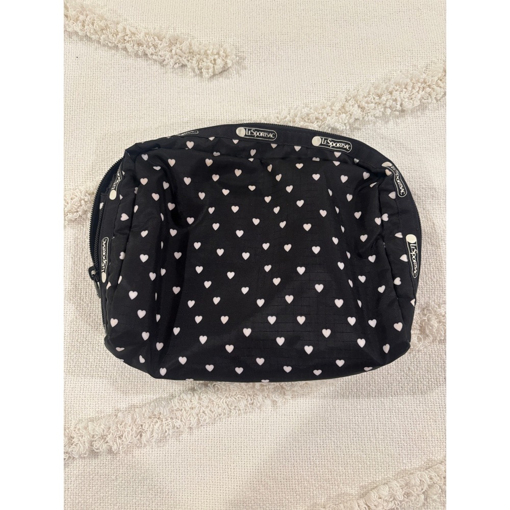 LeSportsac Black White Heart Print Nylon Cosmetic Bag Travel Organizer Pouch 8x6